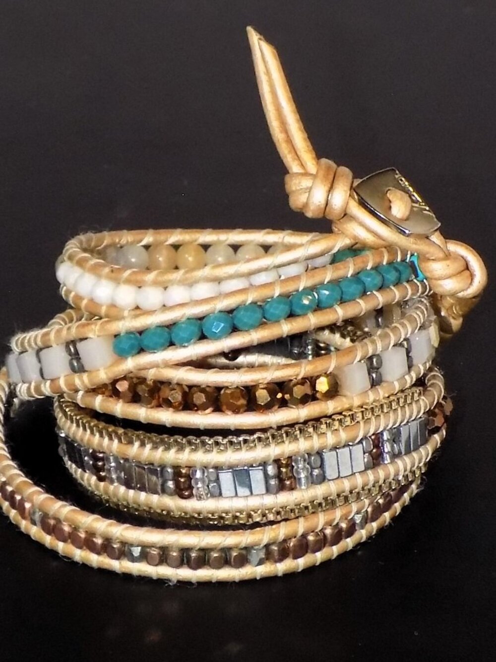 Nakamol Long Beaded Boho Wrap Bracelet.  Lame Cord, Crystal, Metal, Earthtones